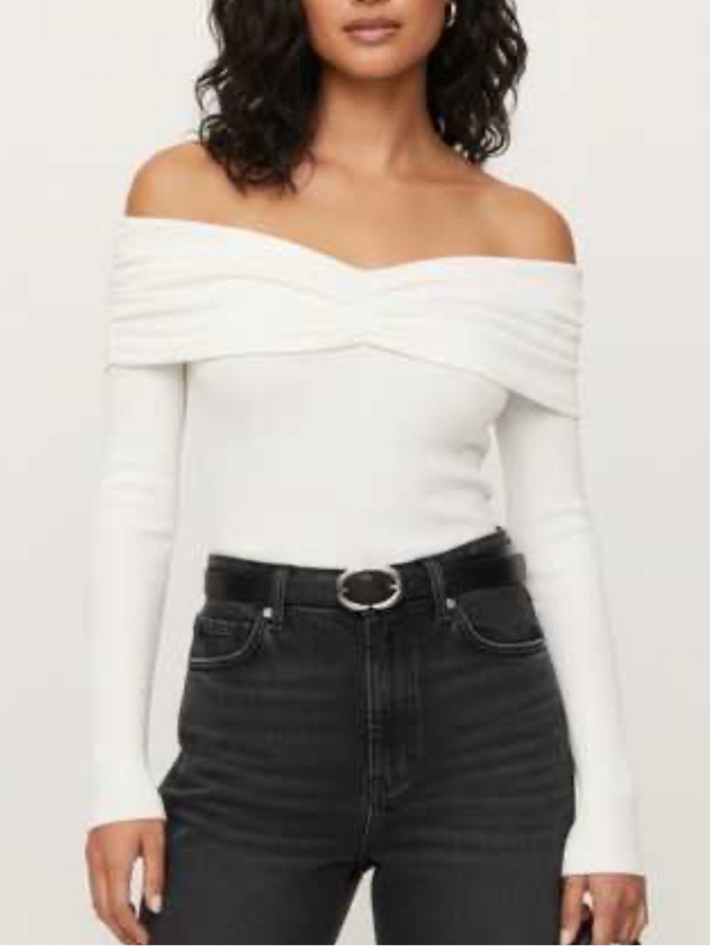 Reformation White Off-the-Shoulder Ruched Ribbed Top